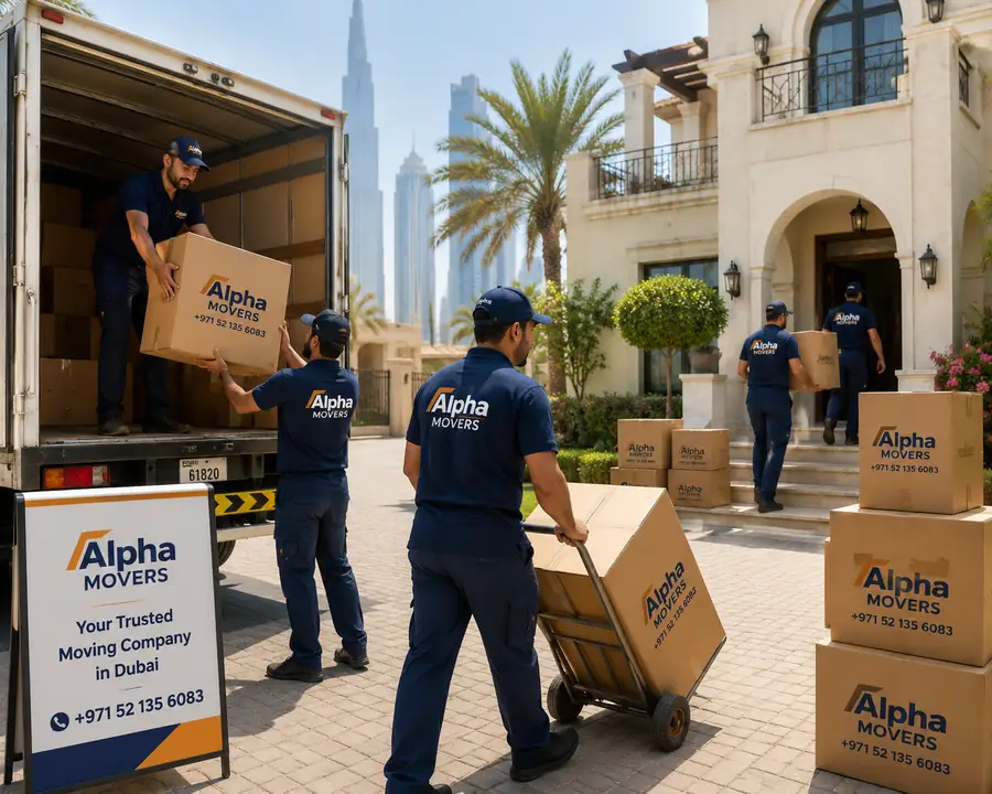 MB Movers Dubai crew loading boxes at a Dubai house