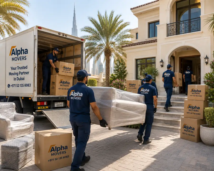 MB Movers Dubai carrying wrapped furniture out of a Dubai villa